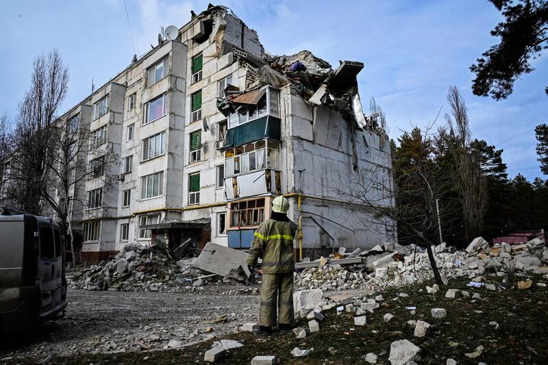 A residential building damaged by a missile attack in the village of Kluhyno-Bashkyrivka, Ukraine. AFP
