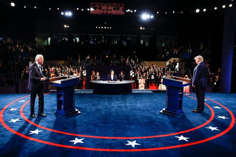 President Donald Trump and Democratic presidential candidate former Vice President Joe Biden participate in the final presidential debate at Belmont University, Thursday, October 22, 2020, in Nashville, Tennessee. AP