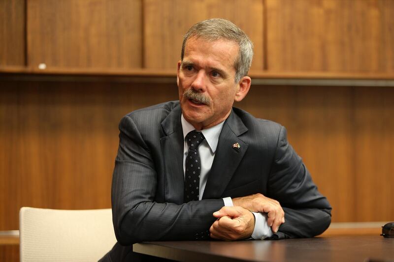 DUBAI , UNITED ARAB EMIRATES Ð July 22 , 2014 : Chris Hadfield , former astronaut during the interview at Canadian Consulate General office at Emirates Towers in Dubai. ( Pawan Singh / The National ) For News. Martin Croucher
