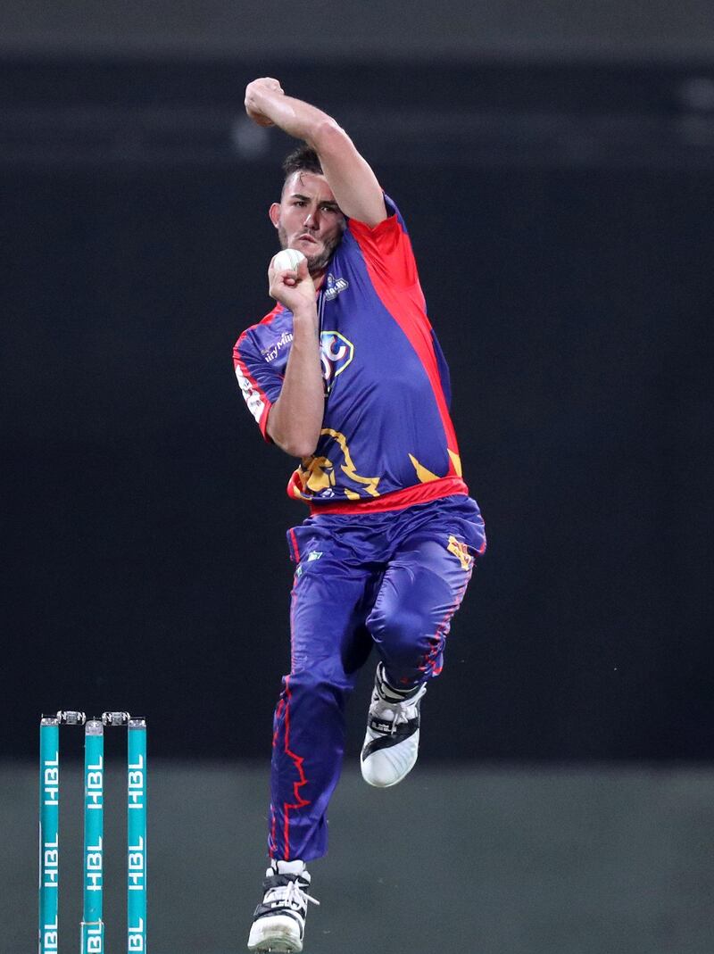 Abu Dhabi, United Arab Emirates - March 04, 2019: Kings Aaron Summers bowls during the match between Karachi Kings and Multan Sultans in the Pakistan Super League. Monday the 4th of March 2019 at Zayed Cricket Stadium, Abu Dhabi. Chris Whiteoak / The National