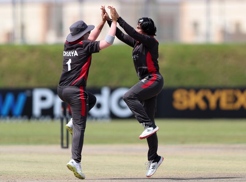 UAE's Siya Gokhale takes the wicket of Mariko Hill, finishing with 3-14 against Hong Kong in Ajman. 