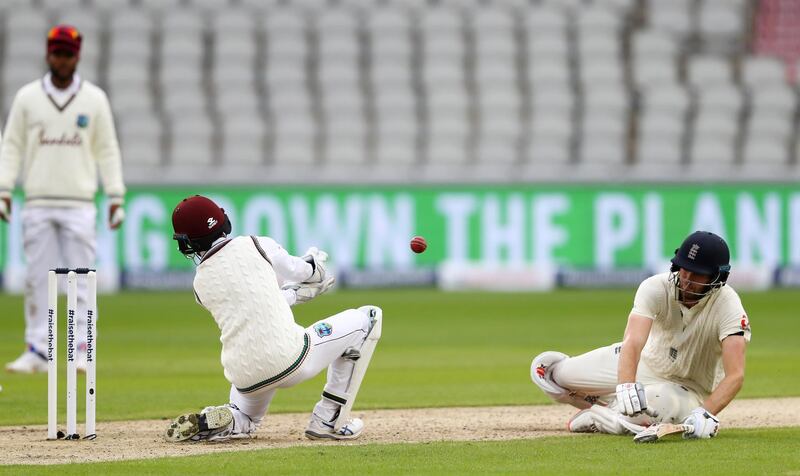 Dom Sibley survives a run out opportunity for the Windes. Getty