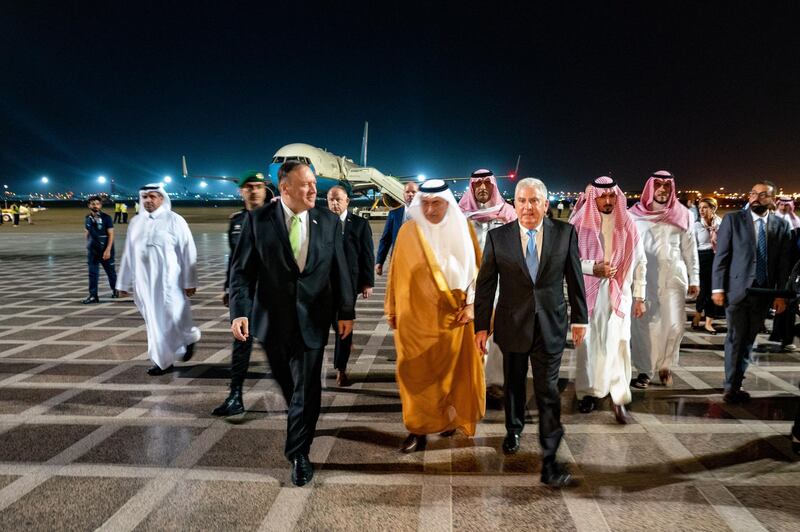 Saudi Foreign Minister Ibrahim Al Assaf  and US Ambassador to Saudi Arabia John P Abizaid, centre right, meet Mike Pompeo at Jeddah Airport. EPA