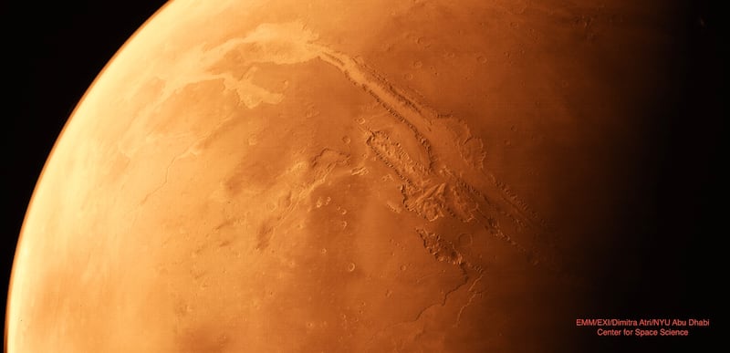 A stunning view of Valles Marineris, one of the largest canyons of the solar system. Dr Dimitra Atri, a research scientist at the New York University in Abu Dhabi, processed this image. Photo: Hope Mars mission / Dr Dimitra Atri