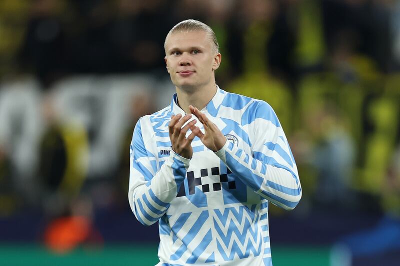 Erling Haaland applauds the fans at Signal Iduna Park after the Champions League match between Borussia Dortmund and Manchester City. Getty