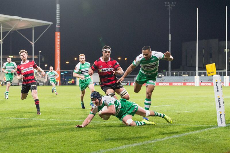 Brayden Iose of Manawatu dives over to score a try during the Mitre 10 Cup match against Canterbury at Orangetheory Stadium, in Christchurch  on Thursday. Getty