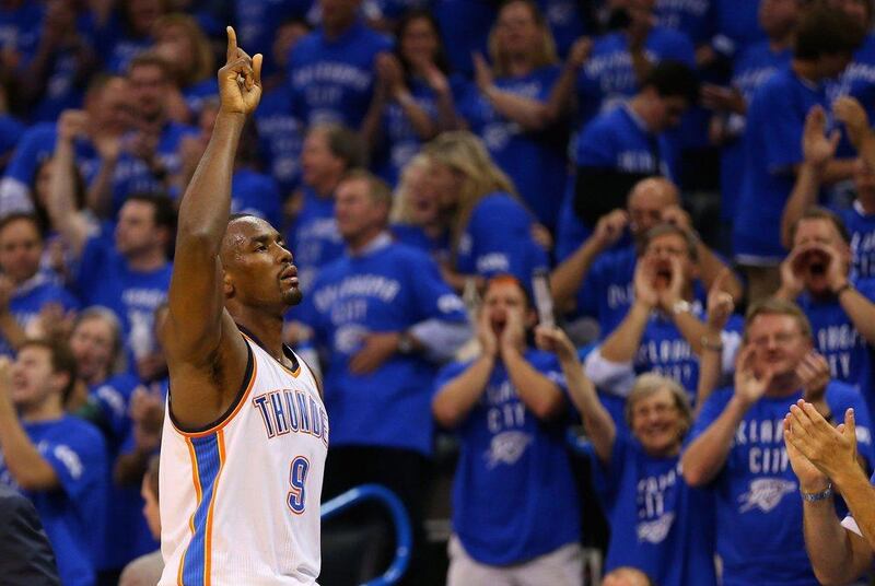Serge Ibaka of the Oklahoma City Thunder reacts as he leaves the court in the second half against the San Antonio Spurs during OKC's Game 3 win over San Antonio on Sunday night. Ronald Martinez / Getty Images / AFP / May 25, 2014
