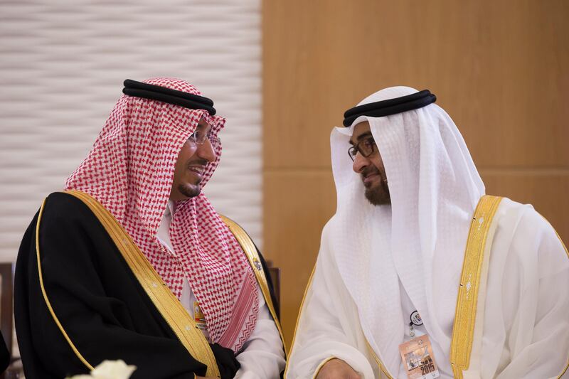 ABU DHABI, UNITED ARAB EMIRATES - February 22, 2015: HH Sheikh Mohamed bin Zayed Al Nahyan Crown Prince of Abu Dhabi Deputy Supreme Commander of the UAE Armed Forces (R) speaks with HRH Prince Mansour bin Muqrin bin Abdulaziz Al Saud Advisor to the Crown Prince of Saudi Arabia (L), during a reception prior to the opening ceremony of the 2015 International Defence Exhibition and Conference (IDEX) at the Abu Dhabi National Exhibtion Center (ADNEC). 

( Ryan Carter / Crown Prince Court - Abu Dhabi )
--- *** Local Caption ***  20150222RC_C5_9771.jpg