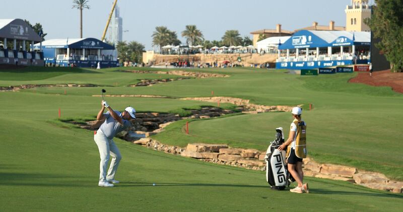 Lee Westwood plays his second shot on the 18th hole at the DP World Tour Championship at Jumeirah Golf Estates. Getty