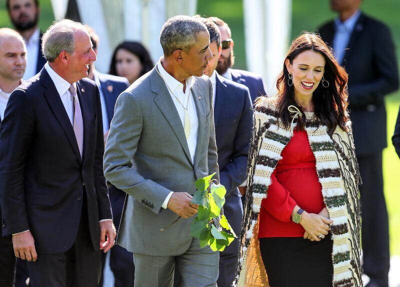 Barack Obama attends a powhiri (Maori welcoming ceremony) with New Zealand prime minister Jacinda Ardern at Government House on March 22, 2018 in Auckland, New Zealand. It was the former US president's first visit to New Zealand, where he gave a series of talks. Pool / Getty Images.