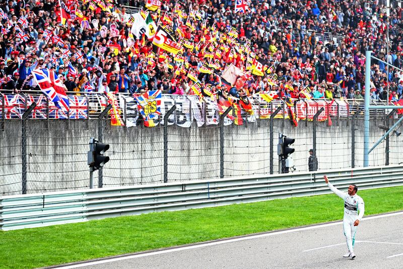 Hamilton celebrates after winning the Chinese GP at Shanghai International Circuit on April 14, 2019. Getty Images