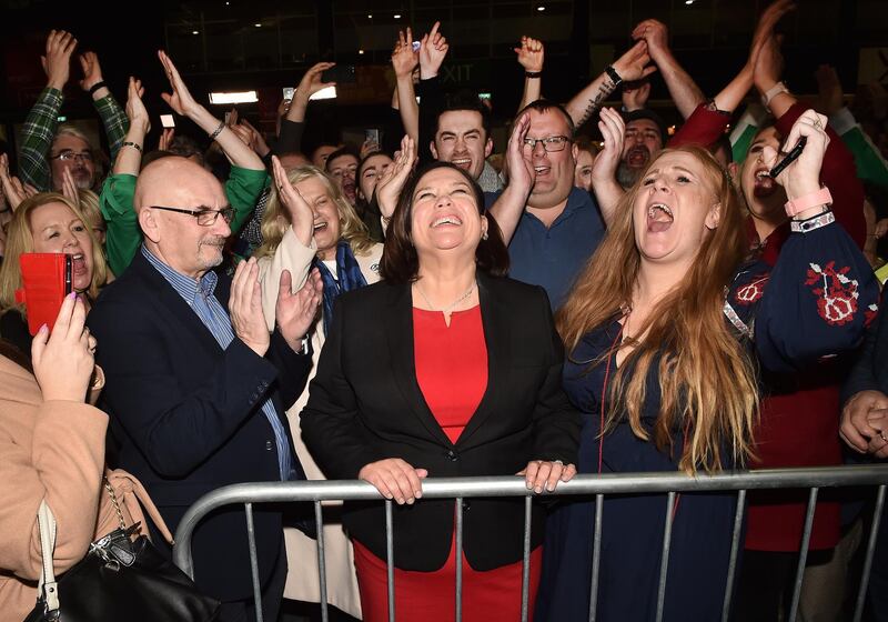 Sinn Fein leader Mary Lou McDonald celebrates with her supporters after being elected at the RDS Count centre on February 9, 2020 in Dublin, Ireland. Getty Images