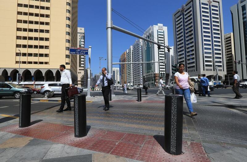 The newly-improved crossing space for pedestrians at the Al Salam and Al Electra Street intersection in Abu Dhabi. Small changes to road layout can make a big difference to safety. Ravindranath K / The National