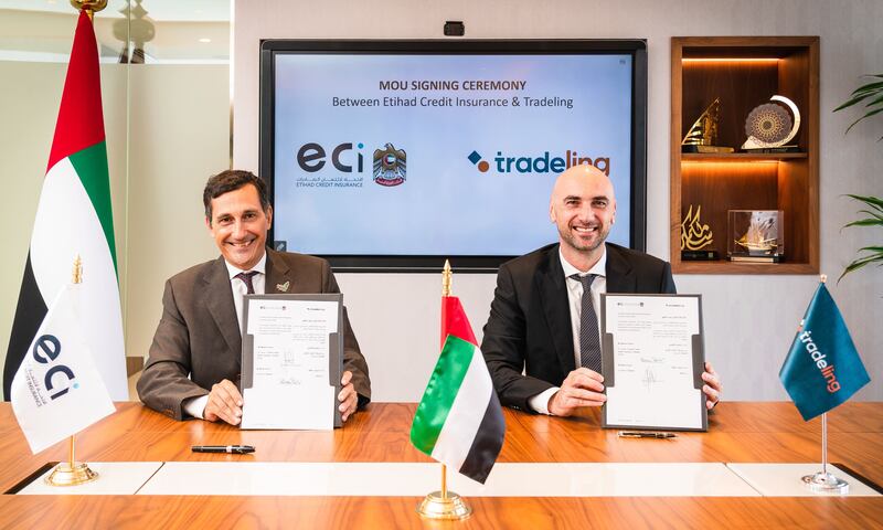 Massimo Falcioni and Marius Ciavola, chief executives of ECI and Tradeling, respectively, signed an agreement that allows sellers to send their products to the UAE market with a high level of government protection and support. Photo: supplied