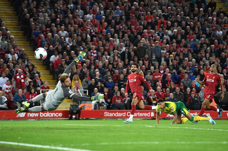 LIVERPOOL, ENGLAND - AUGUST 09: Mohamed Salah of Liverpool shoots wide uring the Premier League match between Liverpool FC and Norwich City at Anfield on August 09, 2019 in Liverpool, United Kingdom. (Photo by Michael Regan/Getty Images)