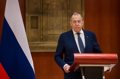Sergey Lavrov, Russian Foreign Minister, gives a press conference in New Delhi on Thursday. AFP