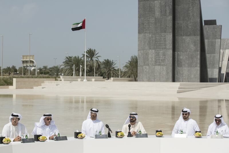 From left: Sheikh Mansour bin Zayed, Deputy Prime Minister and Minister of Presidential Affairs, Sheikh Saif bin Zayed, Deputy Prime Minister and Minister of Interior, Sheikh Mohammed bin Zayed, Crown Prince of Abu Dhabi and Deputy Supreme Commander of the Armed Forces, Sheikh Mohammed bin Rashid, Vice-President and Ruler of Dubai, Mohammed Abdulla Al Gergawi, Minister of Cabinet Affairs and the Future, and Sheikh Hamdan bin Rashid, Deputy Ruler of Dubai, attend a Cabinet meeting at Wahat Al Karama.

Ryan Carter / Crown Prince Court - Abu Dhabi