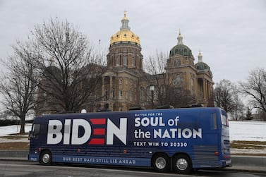 The campaign bus for Democratic presidential candidate former Vice President Joe Biden is seen parked in front of the Iowa State Capitol on February 3, 2020 in Des Moines, Iowa. Getty Images/AFP