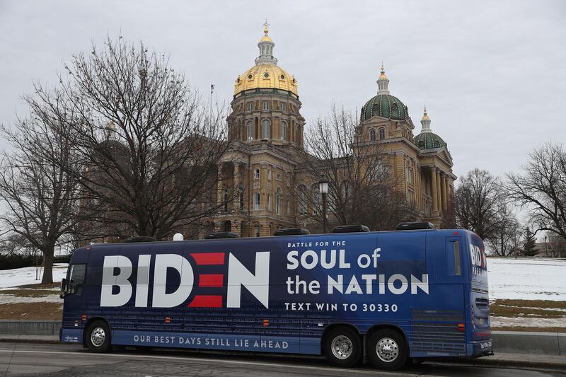 DES MOINES, IOWA - FEBRUARY 03: The campaign bus for Democratic presidential candidate former Vice President Joe Biden is seen parked in front of the Iowa State Capitol on February 03, 2020 in Des Moines, Iowa. Iowa holds its first in the nation caucuses this evening.   Joe Raedle/Getty Images/AFP
== FOR NEWSPAPERS, INTERNET, TELCOS & TELEVISION USE ONLY ==
