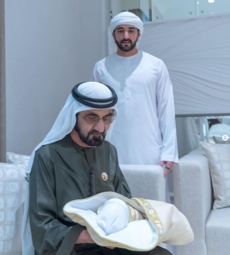 Sheikh Mohammed bin Rashid, Vice President and Ruler of Dubai, with newborn grandson Mohammed and son Sheikh Hamdan bin Mohammed. Photo: Sheikh Hamdan bin Mohammed / Twitter