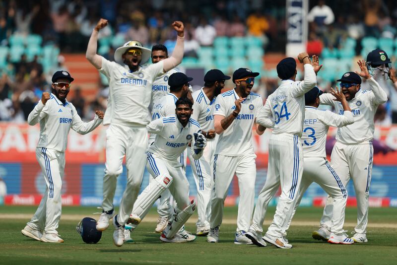 India players celebrate after the third umpire confirms the run out of England captain Ben Stokes by Shreyas Iyer, on Day 4 of the second Test in Visakhapatnam, on February 5, 2024. India won the match by 106 runs. Reuters