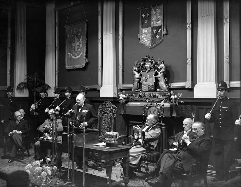 Prime Minister Winston Churchill makes a speech after receiving the Freedom of Bristol at the Council Chambers in 1945