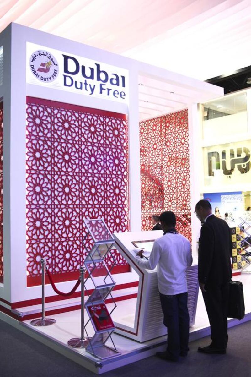 Dubai Duty Free had one of the sleeker stands at the Arabian Travel Market. Lee Hoagland / The National 