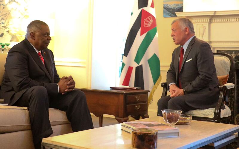 Jordanian King Abdullah II meeting with US Secretary of Defense Lloyd Austin.