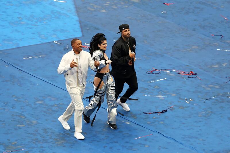 Will Smith, Nicky Jam and Era Istrefi perform during the closing ceremony. Getty Images