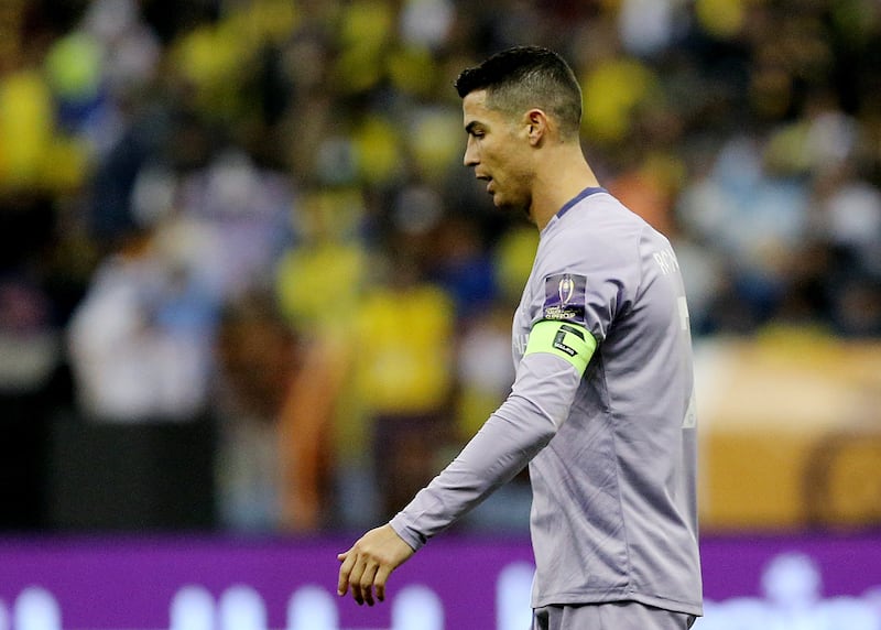 Al Nassr's Cristiano Ronaldo walks off dejected at the final whistle of the Saudi Super Cup semi-final. Nassr lost the match to Al Ittihad 3-1 at King Fahd International Stadium, Riyadh, Saudia Arabia on January 26, 2023. Reuters