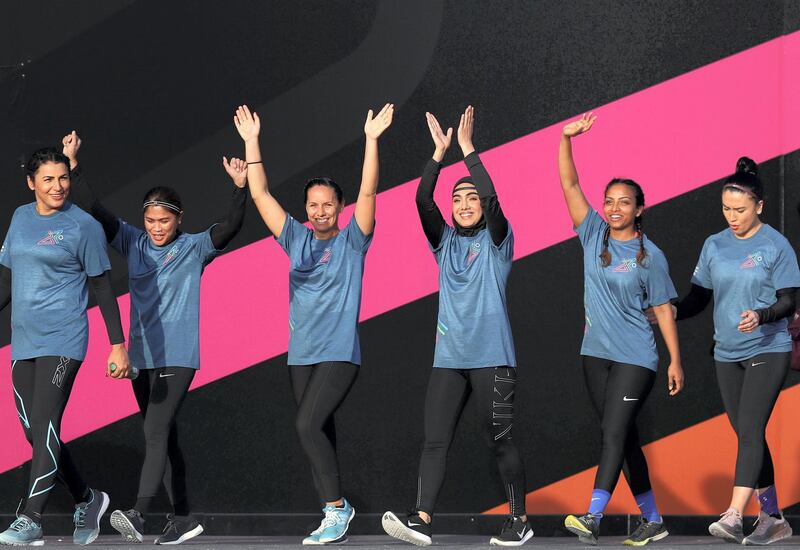 Dubai, United Arab Emirates - April 06, 2019: People prepare to take part in the women's finals of the Gov Games 2019. Saturday the 6th of April 2019. Kite Beach, Dubai. Chris Whiteoak / The National