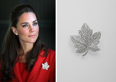 The Duchess of Cambridge wearing the Canadian Maple Leaf brooch, which was first worn by the queen in 1951. Photo: Getty Images / Royal Collection Trust