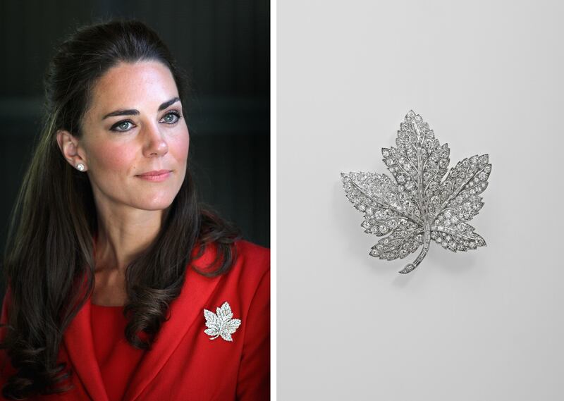 Catherine, Duchess of Cambridge, wearing the Canadian Maple Leaf brooch.