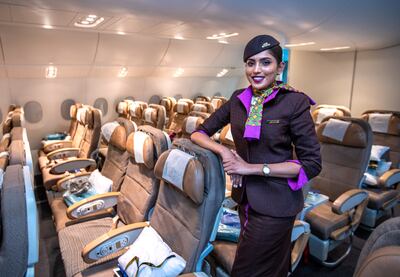 Sushmitha Kotian completes her training at Etihad Airways as a new cabin crew recruit. Victor Besa / The National