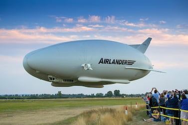 Airlander 10 takes off on a test flight. The ultra-light airship could reduce carbon emissions from air traevl by up to 90 per cent. Courtesy Hybrid Aviation Vehicles. 