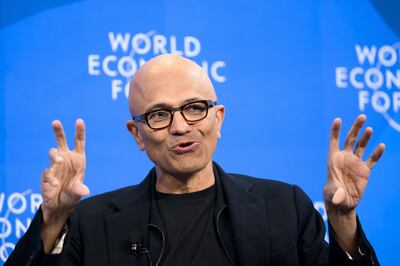 Satya Nadella, chairman and chief executive of Microsoft, speaks during a session of the World Economic Forum in Davos, Switzerland. EPA