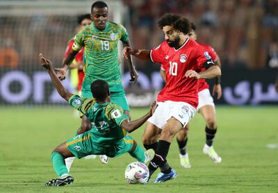 Mohamed Salah of Egypt, right, in action against Ibrahim Warsama of Djibouti during the Fifa World Cup 2026 qualifying. EPA