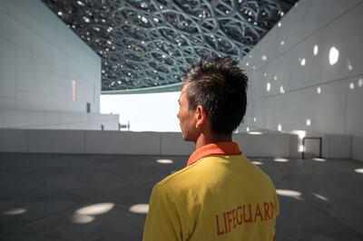 Abu Dhabi, United Arab Emirates - February 15th 2018: Lifeguards at the Louvre. Thursday, February 15th, 2018. The Louvre, Abu Dhabi. Chris Whiteoak / The National