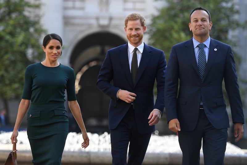 Meghan, Duchess of Sussex and Prince Harry, Duke of Sussex, are greeted by Mr Varadkar in Dublin in July 2018. Getty Images