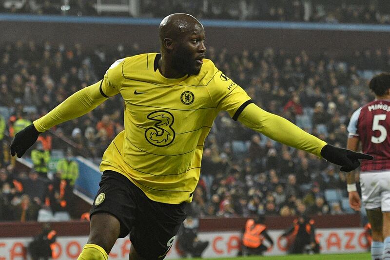 Chelsea striker Romelu Lukaku celebrates after scoring the second goal against Aston Villa. AFP