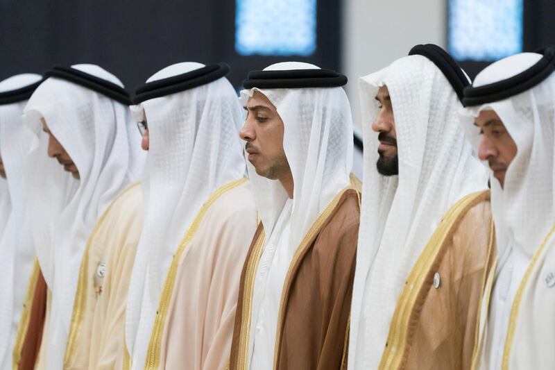 ABU DHABI, UNITED ARAB EMIRATES - June 04, 2019: HH Sheikh Mansour bin Zayed Al Nahyan, UAE Deputy Prime Minister and Minister of Presidential Affairs (3rd R), attends Eid Al Fitr prayers at the Sheikh Sultan bin Zayed the First mosque in Al Bateen. Seen with HH Sheikh Hazza bin Zayed Al Nahyan, Vice Chairman of the Abu Dhabi Executive Council (R) and HH Sheikh Nahyan Bin Zayed Al Nahyan, Chairman of the Board of Trustees of Zayed bin Sultan Al Nahyan Charitable and Humanitarian Foundation (2nd R). 

( Rashed Al Mansoori / Ministry of Presidential Affairs )
---