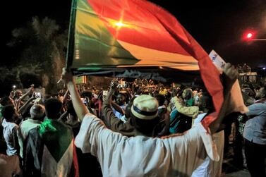 Demonstrators gather outside the army headquarters in Sudan's capital Khartoum on Ramadan 29 or May 11, 2021 to mark the anniversary of the killing of protesters during a raid on an anti-government sit-in in 2019. AFP