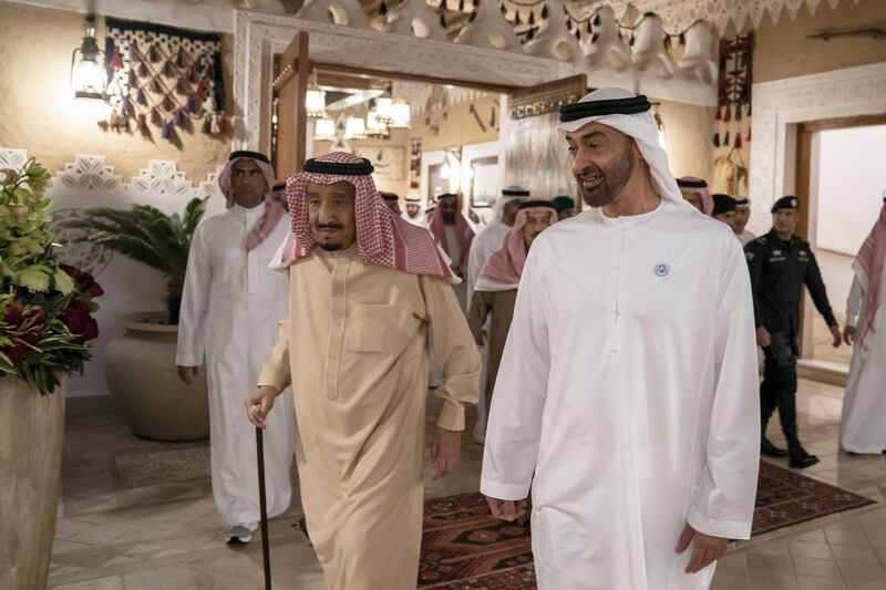 RIYADH, SAUDI ARABIA - November 10, 2018: HH Sheikh Mohamed bin Zayed Al Nahyan, Crown Prince of Abu Dhabi and Deputy Supreme Commander of the UAE Armed Forces () meets with HM King Salman Bin Abdulaziz Al Saud, of Saudi Arabia and Custodian of the Two Holy Mosques at Al Auja Palace in Riyadh.

( Mohamed Al Hammadi / Ministry of Presidential Affairs )
---