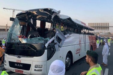 The Oman-registered bus was travelling along Sheikh Mohamed bin Zayed Road, carrying 31 passengers, when it crashed into a signboard at Al Rashidiya exit.