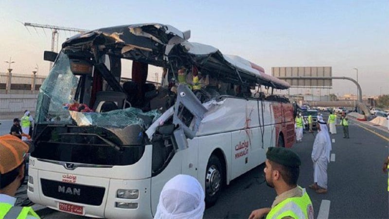 The Oman-registered bus was travelling along Sheikh Mohamed bin Zayed Road, carrying 31 passengers, when it crashed into a signboard at Al Rashidiya exit.