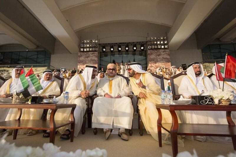 Sheikh Mohammed bin Zayed, Crown Prince of Abu Dhabi and Deputy Supreme Commander of the UAE Armed Forces, third left, King Mohammed VI of Morocco, fourth left, and Sheikh Mohammed bin Rashid, Vice-President of the UAE and Ruler of Dubai, fifth left, at the celebrations at Adnec. Seen with them are Sheikh Saud bin Rashid Al Mu’alla, UAE Supreme Council Member and Ruler of Umm Al Quwain, left, Sheikh Humaid bin Rashid Al Nuaimi, UAE Supreme Council Member and Ruler of Ajman, second left, and Dr Sheikh Sultan bin Mohammed Al Qasimi UAE Supreme Council Member and Ruler of Sharjah, right. Crown Prince Court - Abu Dhabi