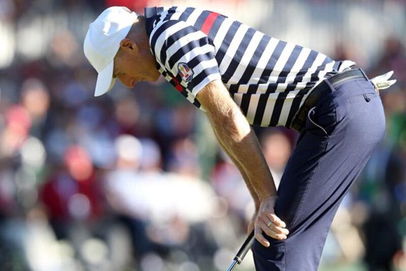 MEDINAH, IL - SEPTEMBER 30: Jim Furyk of the USA reacts to a missed par putt on the 18th green during the Singles Matches for The 39th Ryder Cup at Medinah Country Club on September 30, 2012 in Medinah, Illinois.   Andy Lyons/Getty Images/AFP== FOR NEWSPAPERS, INTERNET, TELCOS & TELEVISION USE ONLY ==

