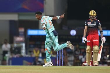 Dushmanta Chameera of Lucknow super giants celebrates after takes a wicket of Virat Kohli of Royal Challengers Bangalore  during match 31 of the TATA Indian Premier League 2022 (IPL season 15) between the Lucknow Super Giants and the Royal Challengers Bangalore held at the DY Patil Stadium in Mumbai on the 19th April 2022

Photo by Rahul Gulati / Sportzpics for IPL