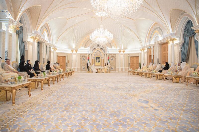 ABU DHABI, UNITED ARAB EMIRATES - September 18, 2018: HH Sheikh Mohamed bin Zayed Al Nahyan Crown Prince of Abu Dhabi Deputy Supreme Commander of the UAE Armed Forces (center L) and HH Sheikh Mohamed bin Rashid Al Maktoum, Vice-President, Prime Minister of the UAE, Ruler of Dubai and Minister of Defence (center R), attend the swearing-in ceremony for a minister and judges of the United Arab Emirates, held at Presidential Palace.?

( Saeed Al Neyadi / Crown Prince Court - Abu Dhabi )
---