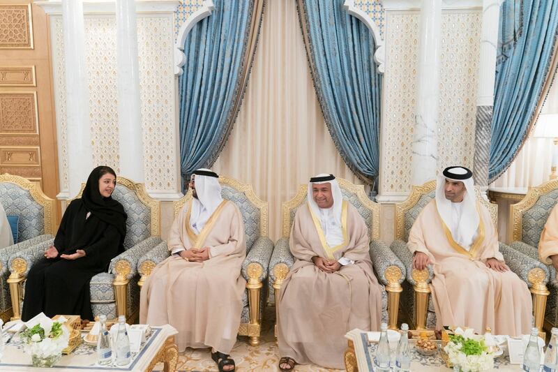 ABU DHABI, UNITED ARAB EMIRATES - September 18, 2018: (L-R) HE Reem Ibrahim Al Hashimi, UAE Minister of State for International Cooperation, HE Hussain Ibrahim Al Hammadi, UAE Minister of Education, HE Sultan bin Saeed Al Badi, UAE Minister of Justice and HE Dr Thani Al Zeyoudi, UAE Minister for Climate Change and Environment, attend the swearing-in ceremony for ministers of the United Arab Emirates.

(Rashed Al Mansoori / Crown Prince Court - Abu Dhabi )
---